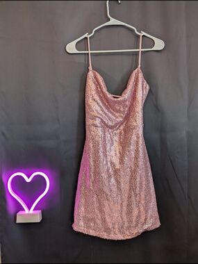 Wet Seal Pink Sequin Mini Dress Lace Up Back Sparkly Speghatti Straps